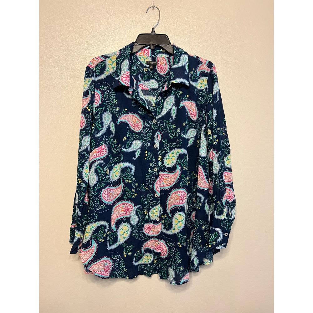 Talbots Plus 2X Navy Blue Paisley Cotton Button Front Long Sleeve Shirt Blouse